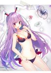  absurdres animal_ears bangs bare_shoulders bikini black_bikini blush breasts bunny_ears cleavage collarbone flower halter_top halterneck highres koto_seori long_hair looking_at_viewer medium_breasts navel open_mouth purple_hair red_eyes reisen_udongein_inaba side-tie_bikini solo swimsuit touhou very_long_hair 