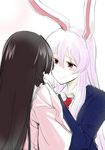  animal_ears bangs black_hair blazer blush bunny_ears comforting commentary crying eyebrows eyebrows_visible_through_hair hair_between_eyes hand_up highres houraisan_kaguya jacket lavender_hair long_hair long_sleeves looking_at_another mana_(tsurubeji) multiple_girls necktie red_eyes red_neckwear reisen_udongein_inaba shirt simple_background sketch smile tears touhou unbuttoned unbuttoned_shirt white_background white_shirt yuri 
