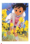  bent_over black_eyes black_hair ferris_wheel field flower flower_field hair_ornament hairclip hands_on_own_knees highres original rapeseed_blossoms short_hair short_twintails smile solo takamichi twintails 