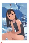  black_eyes black_hair boat cloud day flat_chest highres long_hair new_school_swimsuit one-piece_swimsuit original school_swimsuit sitting smile solo swimsuit takamichi watercraft 