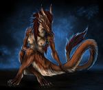  anthro blue_eyes breasts brown_fur claws digital_media_(artwork) dragon female fur furred_dragon hair isvoc nipples non-mammal_breasts nude red_hair simple_background smile solo textured_background 