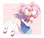  ;d bangs bishoujo_senshi_sailor_moon blue_skirt character_name chibi_usa double_bun full_body holding kneehighs luna-p mei_(maysroom) one_eye_closed open_mouth parted_bangs pink_background pink_eyes pink_hair pleated_skirt puffy_short_sleeves puffy_sleeves red_sailor_collar sailor_collar school_uniform serafuku short_sleeves skirt smile solo teeth twintails white_legwear 