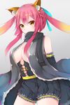  amepon animal_ears black_scarf bow breasts cleavage fate/extra fate/extra_ccc fate_(series) fox_ears gradient gradient_background hair_bow hair_ribbon highres large_breasts long_hair looking_at_viewer no_bra pink_hair ribbon scarf solo tamamo_(fate)_(all) tamamo_no_mae_(fate) yellow_eyes 