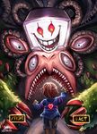  arm_up back black_shorts blue_sweater brown_hair clenched_hand dated eldritch_abomination evil_smile extra_eyes flowey_(undertale) frisk_(undertale) glowing heart highres holding holding_weapon k_ptn knife long_sleeves looking_at_another monster open_mouth photoshop_flowey plant sharp_teeth short_hair shorts signature size_difference smile spoilers standing striped striped_sweater sweater teeth thorns undertale weapon 