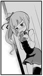  blush commentary_request dress gift greyscale holding holding_gift kantai_collection kasumi_(kantai_collection) long_sleeves looking_down monochrome pinafore_dress remodel_(kantai_collection) shirt shiyoo side_ponytail single_thighhigh solo thighhighs wavy_mouth 