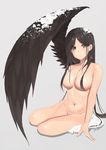  black_eyes black_hair black_wings breasts closed_mouth expressionless eyebrows eyebrows_visible_through_hair hair_censor hair_over_breasts highres large_breasts long_hair looking_at_viewer navel nude original rure single_wing sitting snow solo wing_umbrella wings yokozuwari 