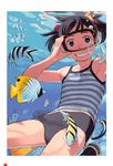  air_bubble black_eyes breath bubble diving diving_mask diving_mask_on_eyes fish flat_chest flippers freediving goggles highres holding_breath original short_hair smile snorkel solo swimsuit takamichi tank_top tankini underwater 