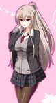  absurdres black_jacket black_legwear eyebrows fang grey_hair grey_shirt grey_skirt high_ponytail highres inuikentarou jacket long_hair necktie open_clothes open_jacket original pantyhose pink_background pleated_skirt red_eyes red_neckwear school_uniform shirt skirt solo very_long_hair 