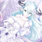  blue_hair breasts draph dress granblue_fantasy hair_ornament horns izmir kz_nagomiya large_breasts long_hair looking_at_viewer open_mouth orange_eyes pale_skin pointy_ears smile solo underboob white_dress 