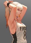  absurdres armpits arms_up artist_name artstation_sample bangs basketball_uniform blonde_hair blue_eyes blunt_bangs breasts clothes_writing gradient_hair grey_background hair_tie highres image_sample long_hair medium_breasts mouth_hold multicolored_hair number original pavarit_songsomboon ponytail red_hair sideboob simple_background sleeveless solo sportswear sweatband tying_hair upper_body 