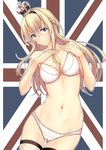  ass_visible_through_thighs blonde_hair blue_eyes bra braid breasts cameltoe collarbone commentary_request crown england eyebrows eyebrows_visible_through_hair flag_background french_braid hair_between_eyes hands_on_own_chest kantai_collection kuurunaitsu long_hair looking_at_viewer medium_breasts mini_crown navel outline panties smile solo thighhighs underwear underwear_only union_jack united_kingdom warspite_(kantai_collection) white_bra white_legwear white_outline white_panties 