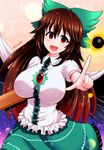  :d arm_cannon bangs bird_wings black_wings blush bow breasts brown_hair cape commentary_request cowboy_shot dress_shirt feathered_wings foreshortening frilled_shirt frilled_skirt frills green_bow green_skirt hair_between_eyes hair_bow highres large_breasts long_hair looking_at_viewer open_mouth pointing pointing_at_viewer puffy_short_sleeves puffy_sleeves red_eyes reiuji_utsuho shirt short_sleeves sidelocks skirt smile solo third_eye touhou twitter_username umasan weapon white_shirt wings 