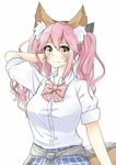  animal_ears blush bow breasts casual collarbone fate/extella fate/extra fate_(series) fox_ears fox_tail hair_bow hair_ribbon hand_in_hair highres kitsunetsu_(rcu_be1s) large_breasts long_hair looking_at_viewer pink_hair ribbon school_uniform simple_background solo tail tamamo_(fate)_(all) tamamo_jk_(fate) twintails white_background yellow_eyes 