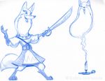  anthro armello belt blue_theme bracelet candle canine clothed clothing digitigrade dipstick_tail female fox gloves_(marking) jewelry left_handed long_neck magic mammal markings melee_weapon monochrome multicolored_tail open_mouth scarlet_(armello) sketch smile smoke socks_(marking) solo sword toonfx toony weapon 