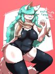  cat eye_covering furry long_hair sasamino scarf stocking swimsuit teal_hair 