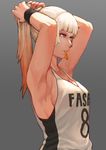  absurdres armpits arms_up artist_name bangs basketball_uniform blonde_hair blue_eyes blunt_bangs breasts clothes_writing gradient_hair grey_background hair_tie highres long_hair medium_breasts mouth_hold multicolored_hair number original pavarit_songsomboon ponytail red_hair sideboob simple_background sleeveless solo sportswear sweatband tying_hair upper_body 