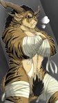  aliensymbol bandage barazoku bastion beast_(disambiguation) blue_eyes charr convenient_censorship feline grin guild_wars looking_at_viewer male mammal muscular pecs smile solo tuft video_games 