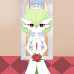  bouquet breasts bride clothing crown dress female flower gardevoir green_hair green_skin hair multicolored_skin nintendo pillars plant pok&eacute;mon red_eyes sana!rpg smile tiara two_tone_skin video_games wedding_dress white_skin window yes!rpg 