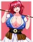  :d blush breasts cleavage collarbone commentary_request cowboy_shot eyebrows eyebrows_visible_through_hair hair_between_eyes hair_bobbles hair_ornament head_tilt highres huge_breasts ibara_azuki looking_at_viewer obi onozuka_komachi open_mouth over_shoulder pink_background puffy_short_sleeves puffy_sleeves red_eyes red_hair sash short_sleeves skirt smile solo touhou two_side_up v-shaped_eyebrows weapon weapon_over_shoulder white_skirt 