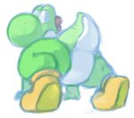  ambiguous_gender blue_eyes butt clothing digitigrade dinosaur featureless_crotch footwear looking_at_viewer mario_bros nintendo presenting raised_tail scalie shoes simple_background somnamg video_games yoshi 