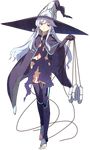  artist_name barefoot cape character_request colored_eyelashes full_body hat highres holding long_hair million_arthur_(series) official_art silver_eyes solo thighhighs toeless_legwear toes torn_clothes transparent_background white_hair witch_hat 