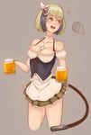  1girl :d alcohol apron bare_shoulders beer beer_mug blue_hair breasts choker cleavage collarbone corset cowboy_shot cropped_legs cup demstouts detached_sleeves dimension_w frilled_sleeves frills green_eyes green_hair green_skirt grey_background halterneck head_tilt highres holding holding_cup looking_to_the_side medium_breasts multicolored_hair open_mouth pleated_skirt puffy_short_sleeves puffy_sleeves ribbon-trimmed_clothes ribbon-trimmed_collar ribbon_trim short_hair short_sleeves simple_background sketch skirt smile solo speech_bubble streaked_hair tail turning_head two-tone_hair waist_apron waitress yurizaki_mira 