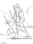  abs anthro bow_(weapon) canine clothing cybercat fur hair loincloth male mammal monochrome ranged_weapon solo standing weapon 