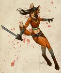  4_toes 5_fingers anthro black_hair black_nose breasts canine caribou_(artist) digitigrade female fur hair holding_object holding_weapon mammal melee_weapon midriff navel orange_fur simple_background solo sword toes weapon white_background wide_hips yellow_eyes 