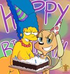  birthday blargsnarf blue_eyes blue_hair brandy_and_mr._whiskers brandy_harrington breasts cake canine disney dog duo food hair hat human jewelry mammal marge_simpson necklace pubes the_simpsons yellow_skin 