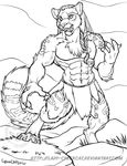  abs anthro clothing cybercat feline fur hair loincloth looking_at_viewer male mammal monochrome muscular solo 