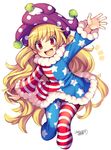  2016 :d adapted_costume american_flag_dress american_flag_legwear bangs blonde_hair blush clownpiece cropped_legs dated dress eyebrows eyebrows_visible_through_hair fur_trim happy hat iroyopon jester_cap long_hair long_sleeves looking_at_viewer open_mouth outstretched_arm pantyhose polka_dot red_eyes round_teeth short_dress simple_background smile solo star star_print striped teeth thick_eyebrows touhou very_long_hair wavy_hair white_background winter_clothes 