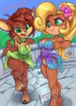  2018 anthro bare_shoulders black_nose blonde_hair breasts cervine clothing coco_bandicoot crash_bandicoot_(series) crossover duo elora featureless_crotch female flower flower_in_hair green_eyes hair long_hair mammal marsupial plant ponytail smile spyro_the_dragon thefuckingdevil video_games 