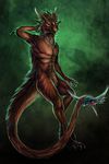  abs anthro brown_fur digital_media_(artwork) dragon fur furred_dragon green_background hand_behind_head horn isvoc male nude red_eyes simple_background solo 