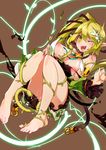  1girl absurdres alicecrazy barefoot belt blonde_hair blush breasts brown_background brown_ribbon cum elf elsword feet flower glowing green_sleeves hair_flower hair_ornament heart heart-shaped_pupils highres large_breasts nail_polish nipple_slip nipples no_panties orgasm pink_nails plant pointy_ears rena_(elsword) ribbon saliva shirt side_ponytail simple_background solo symbol-shaped_pupils tears tentacles torn_clothes torn_shirt vine_bondage vine_tentacle vines w_arms wind_sneaker_(elsword) yellow_eyes 