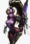  bodysuit breasts brown_eyes brown_hair center_opening collarbone cowboy_shot gloves gun head_mounted_display highres jay_b_lee light_smile lips long_hair looking_at_viewer medium_breasts nose overwatch ponytail purple_skin rifle simple_background sniper_rifle solo very_long_hair visor weapon white_background widowmaker_(overwatch) 
