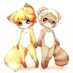  anthro blue_eyes bottomless bulge canine clothed clothing crotch_tuft cub cute duo fox kasasagi male mammal nude red_eyes simple_background tanuki topless white_background young 