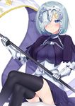  banner black_legwear black_panties blue_eyes blue_hair blush capelet commentary_request cosplay crossed_legs eyebrows eyebrows_visible_through_hair eyes_visible_through_hair fate/apocrypha fate_(series) fleur_de_lis gauntlets grey_hair hair_ornament hair_over_one_eye hairclip hamakaze_(kantai_collection) headdress headpiece highres jeanne_d'arc_(fate) jeanne_d'arc_(fate)_(all) jeanne_d'arc_(fate)_(cosplay) kantai_collection nezumidoshi panties short_hair sitting smile solo thighhighs underwear white_background 