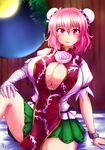  arm_support bandaged_arm bandages bangs blurry blush breasts bun_cover chinese_clothes cleavage cleavage_cutout commentary_request covered_nipples cuffs depth_of_field double_bun flower full_moon green_skirt highres huge_breasts ibara_azuki ibaraki_kasen indoors knee_up looking_at_viewer moon moonlight night parted_lips pink_eyes pink_flower pink_hair pink_rose puffy_short_sleeves puffy_sleeves rose shackles short_hair short_sleeves sitting skirt smile solo tabard touhou 