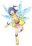  absurdres blue_eyes blue_hair boots breasts cleavage detached_collar elbow_gloves fangs full_body gloves highres looking_at_viewer medium_breasts multiple_wings one_side_up open_mouth outstretched_arm pointing short_hair simple_background solo white_background wings yellow_gloves 