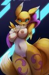  2016 anthro arm_warmers armpits breasts digimon female fur looking_at_viewer nipples nude pussy renamon solo tattoo yellow_fur zero-sum 