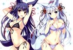  absurdres animal_ears armpits arms_behind_head arms_up bikini black_bikini blush breasts cleavage collarbone crease erune fang fox_ears fox_tail from_side front-tie_top granblue_fantasy highres large_breasts lavender_eyes long_hair multiple_girls navel non-web_source open_mouth pose purple_bikini red_eyes scan silver_hair smile socie_(granblue_fantasy) sparkle sparkle_background swimsuit tail tateha_(marvelous_grace) underboob very_long_hair yuel_(granblue_fantasy) 
