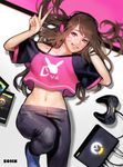  absurdres artist_name black_bra blurry bra bra_strap brown_eyes brown_hair casual clothes_writing controller cowboy_shot crop_top d.va_(overwatch) facial_mark game_console game_controller gamepad grin hand_in_hair headphones highres leg_up long_hair looking_at_viewer lying messy_hair midriff nail_polish navel off_shoulder on_back overwatch overwatch_(logo) pants pink_nails pink_shirt shirt short_sleeves signature simple_background smile sohn_woohyoung solo t-shirt underwear v whisker_markings white_background 