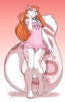  2016 accelo_(character) anthro bell blue_eyes bulge clothed clothing dress english_text eyewear feline fur girly glasses hair kittydee long_hair male mammal navel orange_hair panties pink_fur pink_nose red_background signature simple_background smile solo text underwear white_background white_fur 
