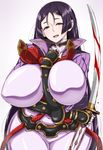  belly blood breasts covered_navel curvy fate/grand_order fate_(series) fingerless_gloves gloves highres huge_breasts katana komusou_(jinrikisha) looking_at_viewer minamoto_no_raikou_(fate/grand_order) parted_lips purple_background purple_eyes purple_hair solo sword thick_thighs thighs weapon wide_hips 