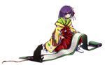 animal baba_(baba_seimaijo) black_cat bow brush cat commentary_request floral_print flower hair_flower hair_ornament hakama hieda_no_akyuu highres japanese_clothes kimono looking_to_the_side one_knee purple_eyes purple_hair red_bow scroll short_hair tachi-e touhou transparent_background 