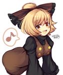  :3 :d bent_over blonde_hair blush bow brown_dress brown_eyes commentary_request dress eighth_note eyebrows hair_bow half-closed_eyes high_ponytail iroyopon kurodani_yamame musical_note open_mouth signature smile solo speech_bubble spoken_musical_note touhou 