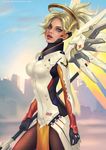  artist_name blonde_hair blue_eyes blue_sky bodysuit breasts cityscape cloud cowboy_shot deviantart_username emblem from_side gloves high_ponytail highres holding holding_staff large_breasts lips long_hair looking_at_viewer looking_to_the_side mechanical_halo mechanical_wings mercy_(overwatch) nose oana_birtea outdoors overwatch pantyhose parted_lips ponytail sky solo staff wings yellow_wings 