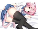  animal_ears ass bed_sheet black_legwear blue_neckwear blush bob_cut cat_ears cat_girl cat_tail commentary covering covering_ass d: embarrassed eyebrows eyebrows_visible_through_hair hair_between_eyes legs looking_at_viewer lying necktie no_shoes on_side open_mouth original panties pantyshot pink_eyes pink_hair pleated_skirt school_uniform serafuku short_hair skirt skirt_tug solo superpig tail thighhighs thighs unbuttoned unbuttoned_shirt underwear uniform white_panties 