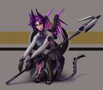  absurdres alternate_costume bodysuit breasts dark_persona demon_horns emblem facial_mark faulds forehead_mark full_body grey_background grey_bodysuit hair_between_eyes highres holding holding_staff horns imp_mercy lips lipstick long_hair looking_at_viewer makeup mechanical_wings medium_breasts mercy_(overwatch) nose overwatch ponytail purple_eyes purple_hair purple_wings solo squatting staff wings zt_eighteen 