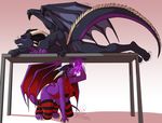  2016 anthro bat_wings black_hair black_scales blush breasts claws clothed clothing covering demalyx dragon duo english_text eyewear female glasses glory_hole hair horn kittydee kneeling legwear lying male male/female massage_table membranous_wings nude on_front oral penis purple_penis purple_scales red_hair red_scales scales signature spikes stripes tape text toe_claws topless white_horn wings 